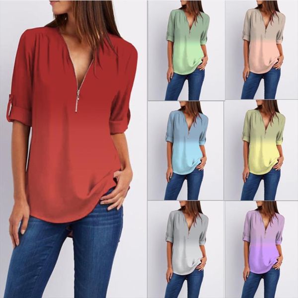 

women chiffon blouse casual v neck zipper shirts autumn long sleeve gradient blouses female plus size, White