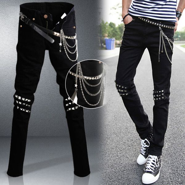 

2021 hip hop mens black jeans colo rebite quad slim fit motorcyclist denim fancy singing pants shaved skinny with chain belts hokk, Blue