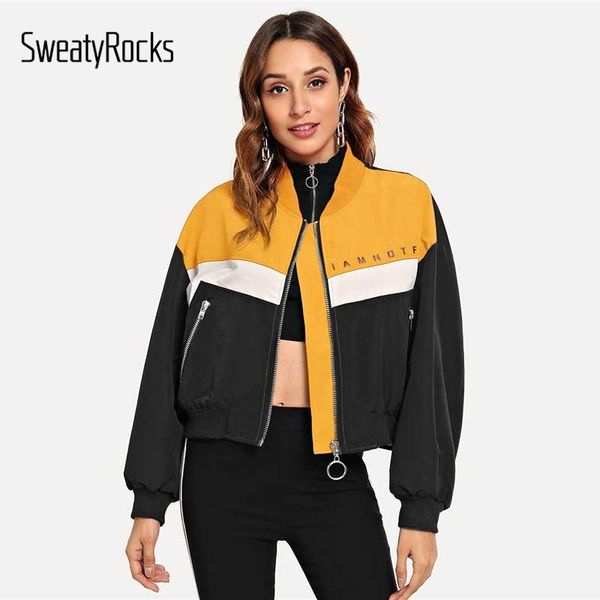 

sweatyrocks zip up letter print jacket long sleeve stand collar coat colorblock women crop 2018 autumn style casual jackets y200101, Black;brown