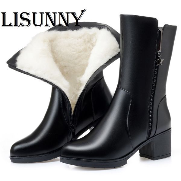 

boots 2021 women high long genuine leather shoes winter woman latest wool warm footwear, Black