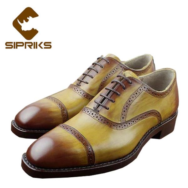 

sipriks luxury genuine leather patina shoes mens goodyear welted shoes punched classic cap-toe oxfords italian hand, Black