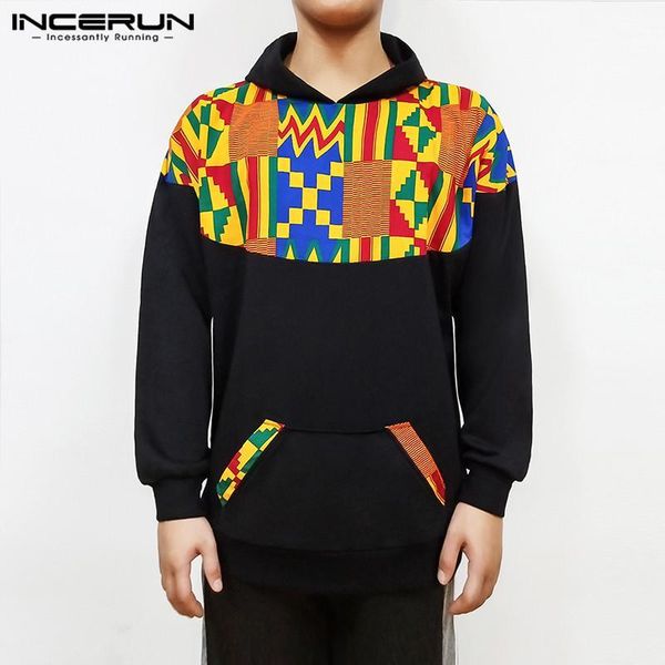 

casual patchwork sweatshirt big pocket hoodies jackets incerun mens ethnic printed hooded fashion long sleeve outwear pullovers1, Black