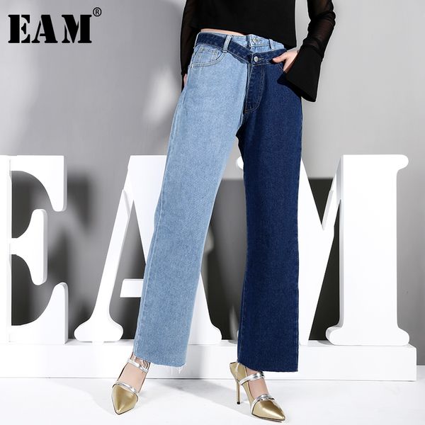 

[eam] 2020 new spring autumn high waist blue hit color two piece stitch pencil pants women jeans trousers fashion tide lj201130, Black;white