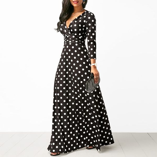 

women polka dot long sleeve boho dress elegant vintage women dresses evening party v neck maxi long dress fashion ladies dresses t200319, White;black