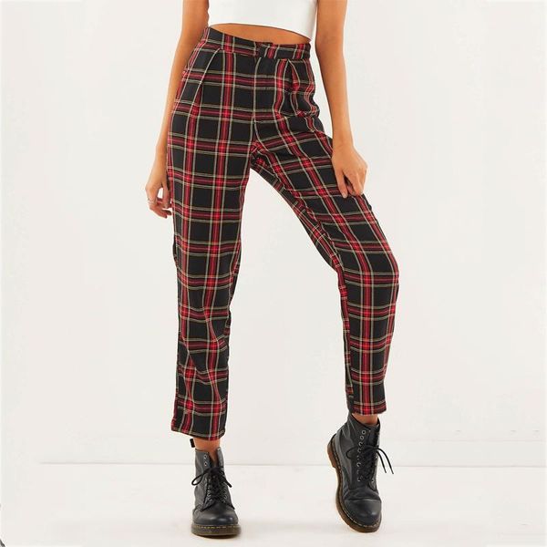 

plaid pants for women trousers 2020 streetwear women's cotton straight pants ladies causal pantalon femme1, Black;white