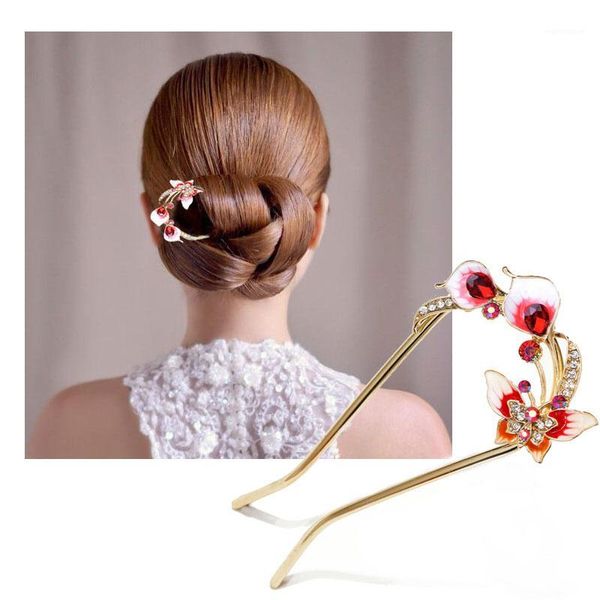 

butterfly enamel hairpin crystal hair pin stick women banquet hair jewelry accessories1, Golden;white