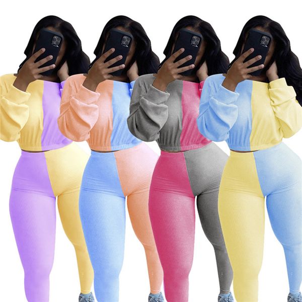 

fall winter women hoodies pants jogger suit fashion panelled 2 piece sets casual clothing fitness pullover sweatshirts bodycon leggings 4389, White