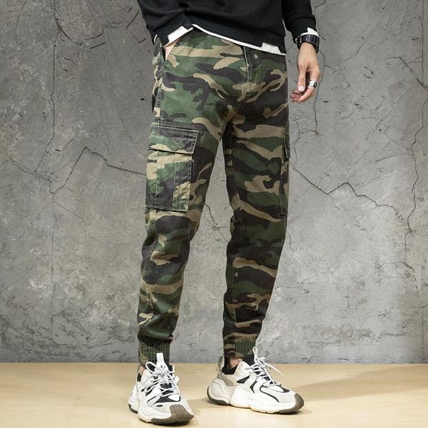 

newly designer fashion men jeans loose fit big pocket casual cargo pants camouflage wide leg trousers streetwear hip hop joggers, Blue