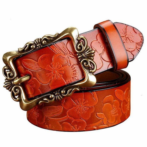 

new fashion wide genuine leather belt woman vintage floral carved cow skin belts women strap female for jeans, Black;brown