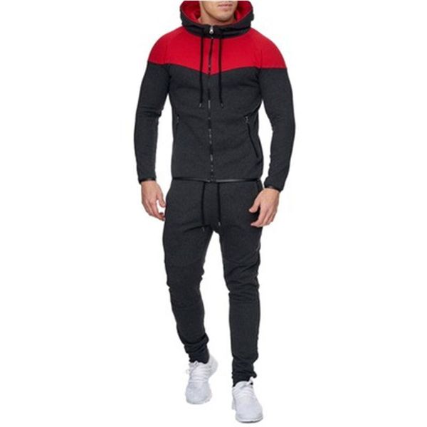

mens splicing sports sets clothing fashion trend long sleeve zipper hooded sweatshirt pant suits man spring slim casual running tracksuits, Gray
