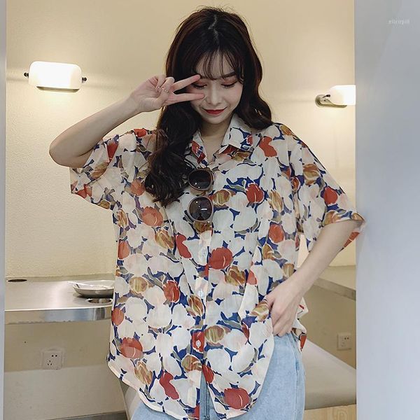 

summer beach shirts floral women chiffon blouses streetwear short sleeve shirt camisas femininas female shirt blusas mujer1, White