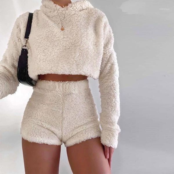 

women winter coat plush solid color hoodies long sleeve hooded long-sleeved autumn hip shorts two-piece set1, Gray