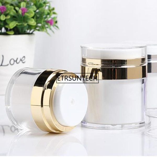 

100pcs 15g 30g 50g gold empty acrylic cream jars pot press style vacuum bottle sample vials airless cosmetic container1
