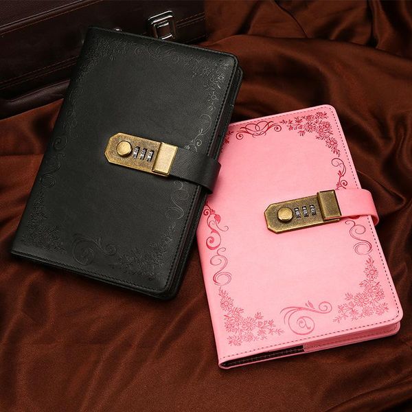 

european retro diary with password lock diary thickened a5 hand book notepad stationery notebook daily record book, Purple;pink