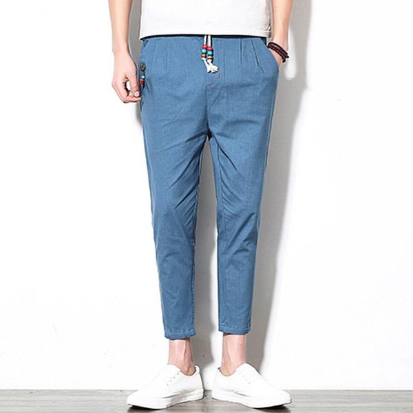 

men's pants men ankle length linen overalls casual pocket sport work trouser, Black