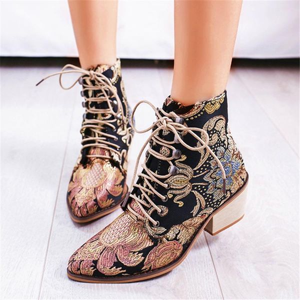 

boots europe and america large size women's autumn winter embroidered lace flowers high heel national wi, Black