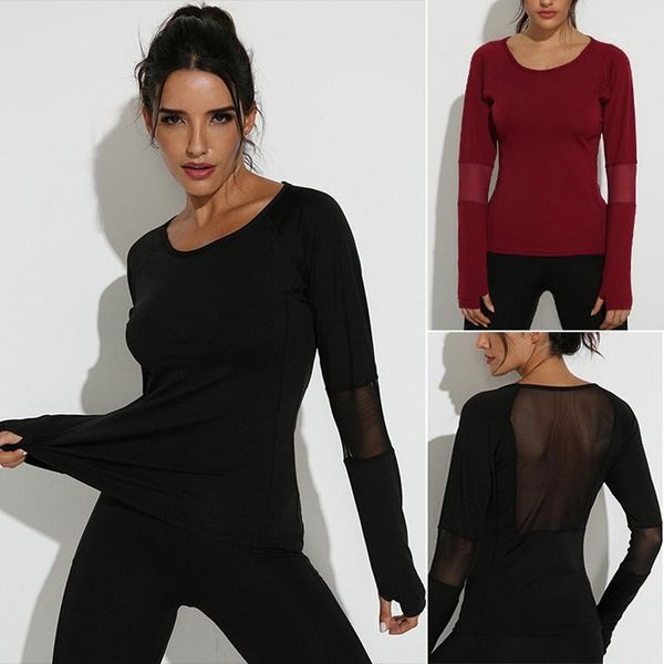 

yoga outfits women's long sleeve sports dance fitness backless fight mesh yarn 1, White;red