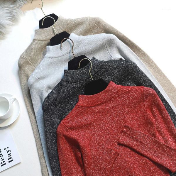 

high neck shiny lurex autumn winter sweater women long sleeve pullover women basic sweater korean glitter knit female1, White;black