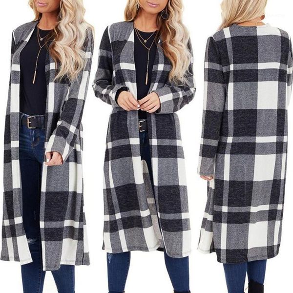 

women plaid printed front cardigan open front loose outwear long trench jumper outwear coat plus size coat cardigan1, Tan;black