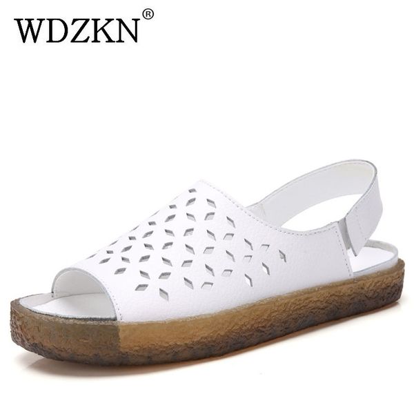

wdzkn 2020 genuine leather women sandals open toe hollow gladiator sandals women summer roman shoes flat casual ladies sandals, Black