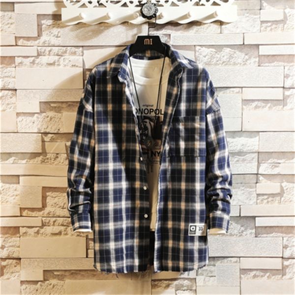 

2021 new hip hop streetwear punk style casual plaid shirt men's long sleeve eryt, White;black