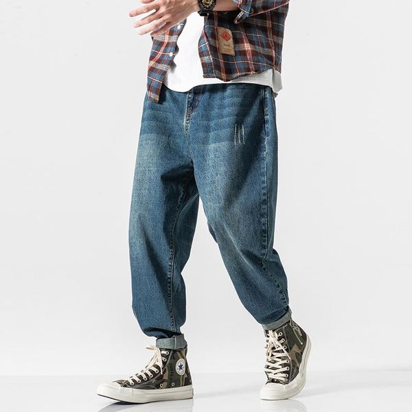 

men's jeans fashion hip hop blue 2021 loose wide leg pants male denim ankle-lenght