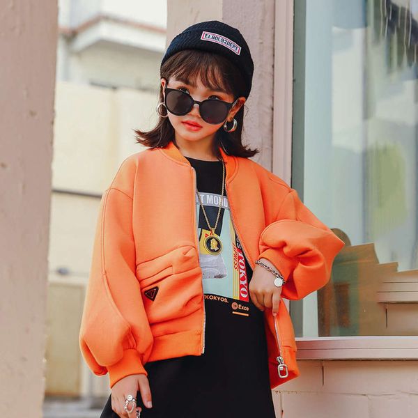 

girls' autumn and winter thickened children's wear short fashion solid color zipper shirt korean casual coat space cotton, Black