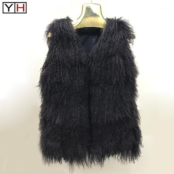 

fashion coffee colors mongolia sheep fur beach wool vest long section sheep fur curl women warm 100%natural vests1, Black