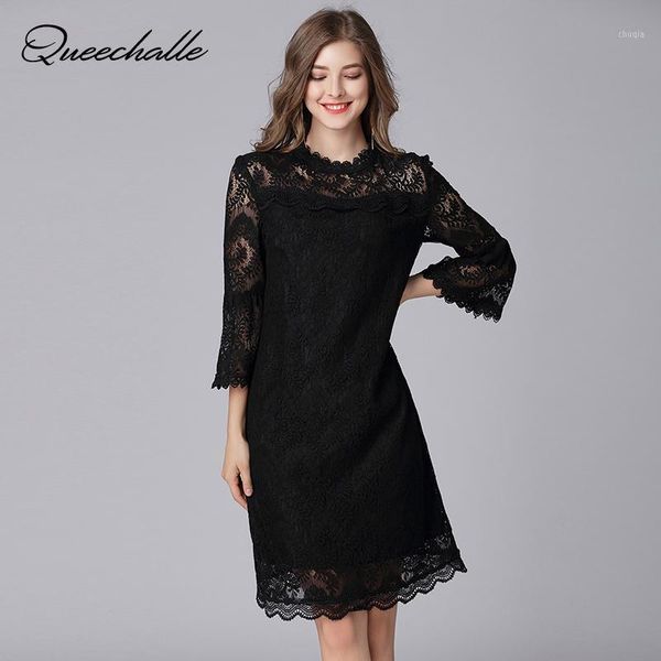 

queechalle black red color elegant lace dress for women hollow lace collar 3/4 sleeve a-line dress 4xl 5xl plus size vestidos1, Black;gray