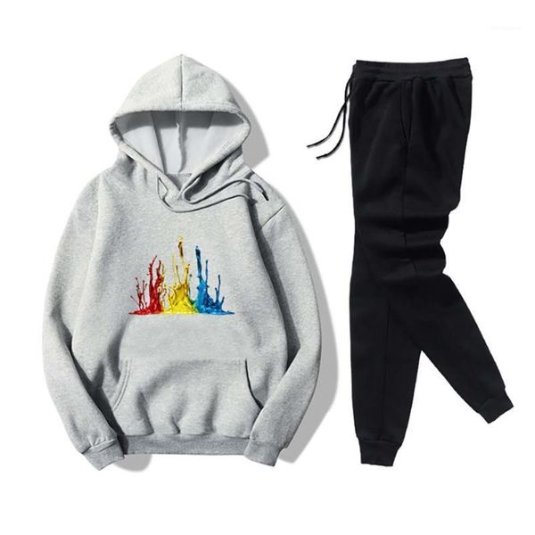 

two pice set for women oversize casual fitness joggers sportwear hooded pullover pants abstract-art printed 2pcs set1, Gray