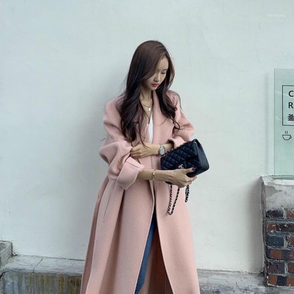 

winter korean 2020 high end women long side split 90% wool handmade pink double sided wool coat lacing belt loose woolen jacket1, Black