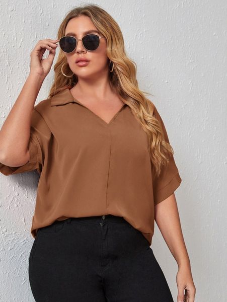 

plus solid v-neck blouse 53m0#, Black