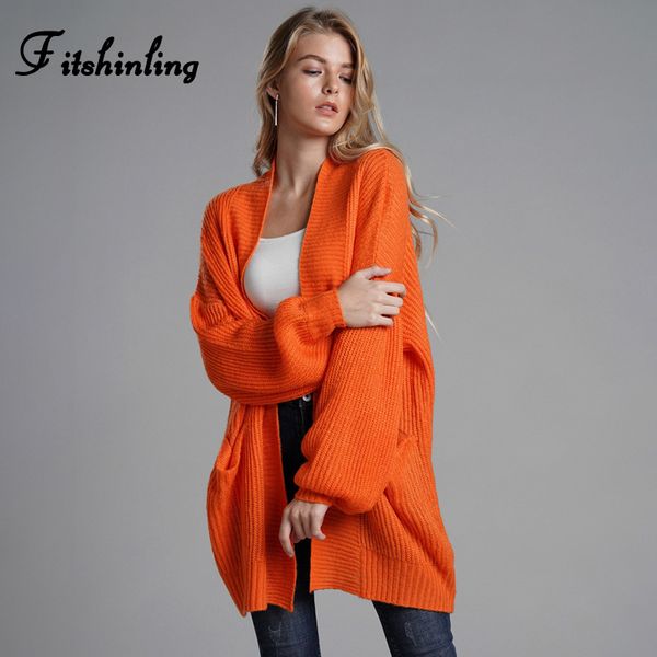 FitShinling 2019 Winter-Strickjacken Oberbekleidung Mantel Taschen Orange Übergroße Frauen Strickjacke Pullover Lange Strickjacke Weibliche T200815