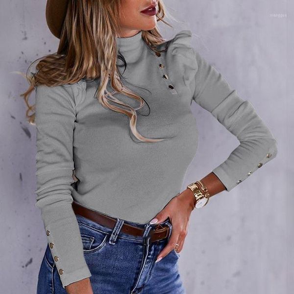 

celmia women's blouses long sleeve ruffles 2020 autumn buttons casual solid fashion knitted shirt turtleneck bodycon blusas1, White