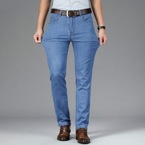 

classic style summer men ultra-thin jeans business casual light blue stretch cotton jeans male brand trousers
