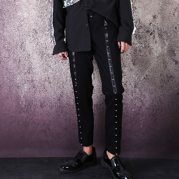 

2020 new men's clothing hair stylist nightclub catwalk black rivet casual pants plus size costumes 27-46