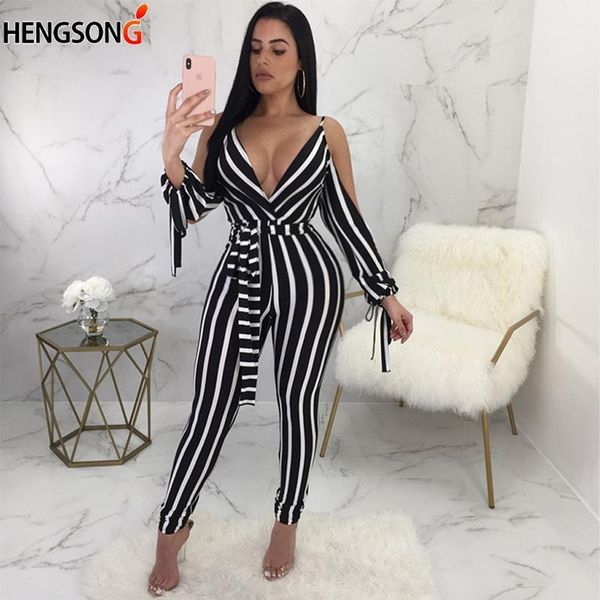 

slim female jumpsuit deep v neck off the shoulder vertical stripes jumpsuit casual skinny stripped overalls for women1, Black;white