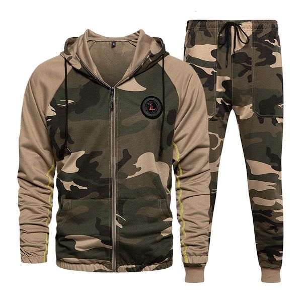 

2021 new camo tracksuit hooded two pieces men autumn outerwear sweatshirts male jacket+pants sporting clothing new u4gk, Gray