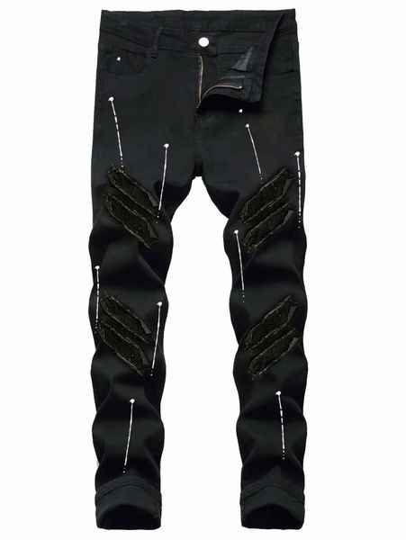 

romwe guys graphic print patched jeans y6o0#, Blue