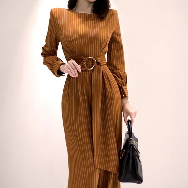 

office lady elegant stripe wide leg jumpsuits women spring rompers belted waist office wear playsuits1, Black;gray