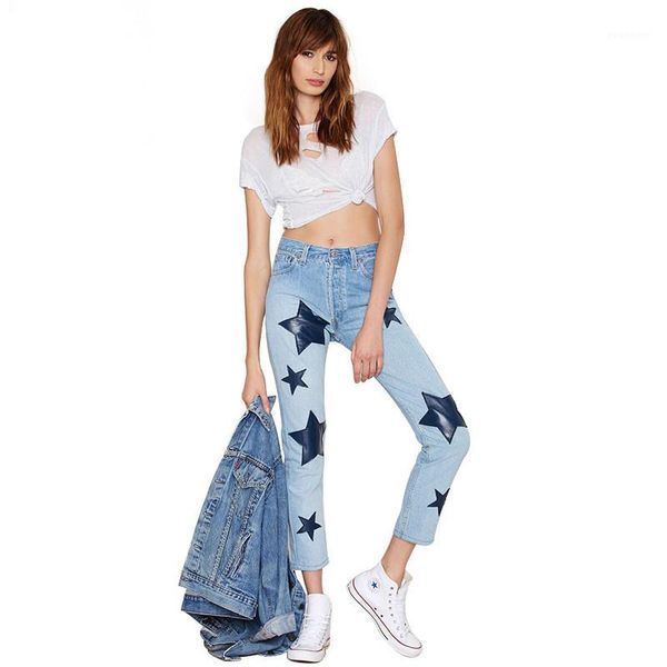 

yono fashion women jeans boyfriend denim pants bleached stars print high waist pencil pants stretch trousers pantalon femme1, Blue