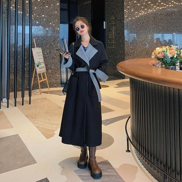 

autumn winter women plus size long belted woolen coat trench jacket office ladies elegant chic loose temperament black overcoat1