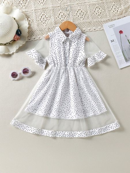 

toddler girls polka dot print contrast mesh flounce sleeve dress she, Red;yellow