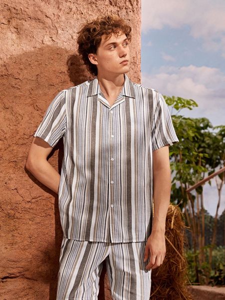 

men revere collar striped shirt h52e#, White;black