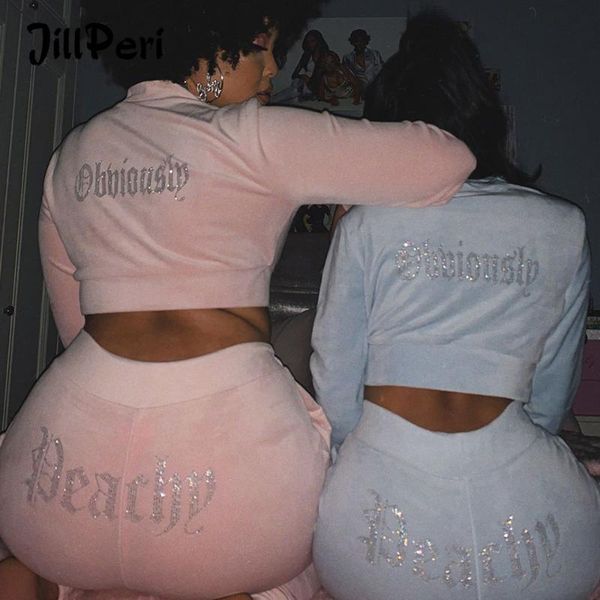 

jillperi winter velvet crop jacket and tracksuit joggers two piece set with diamante rhinestones jogging suits for women, Gray