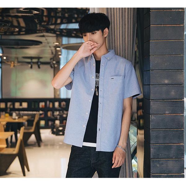 

summer new cotton fashion oxford spinning men's shirt short sleeve youth casual solid color lapel male blouse1, White;black