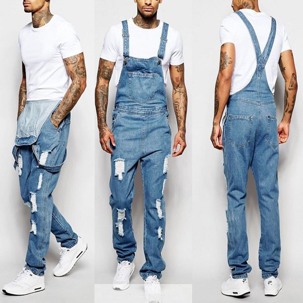

2019 fashion men's suspender denim tear jeans pants, Blue