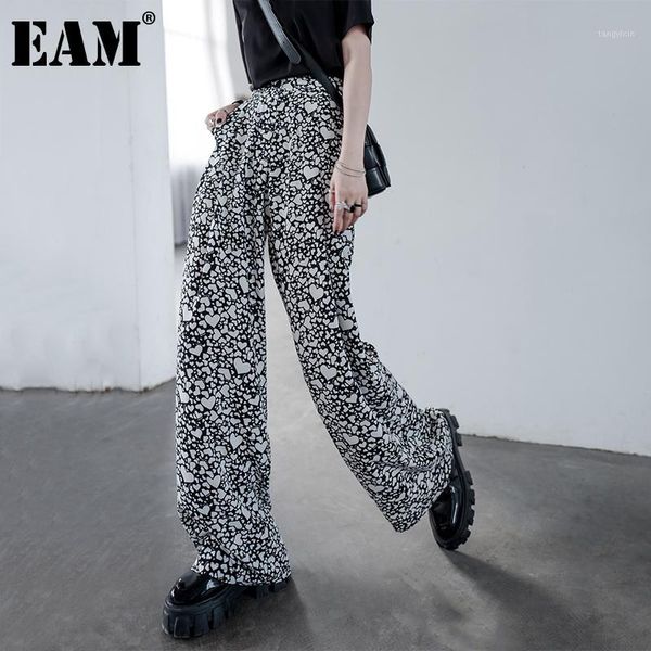 

eam] high elastic waist black pattern printed long wide leg trousers new loose pants women fashion spring autumn 2020 1da9411, Black;white