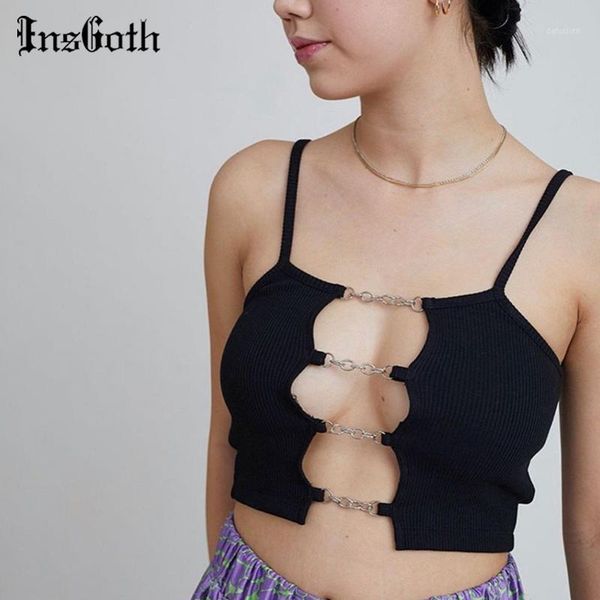 

insgoth chain hollow out camis women gothic streetwear bodycon black crop tank summer spaghetti strips backless camis1, White