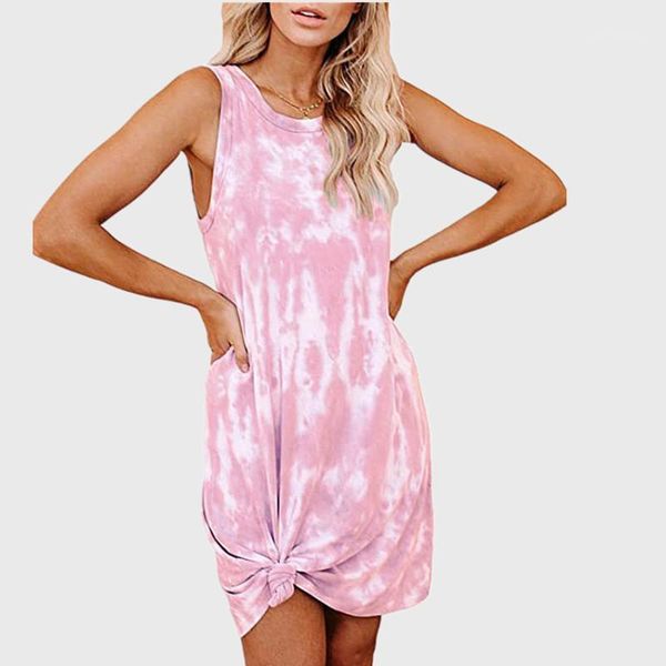 

casual dresses tie dye mini dress women summer sleeveless 2021 female beach o-neck streetwe1, Black;gray
